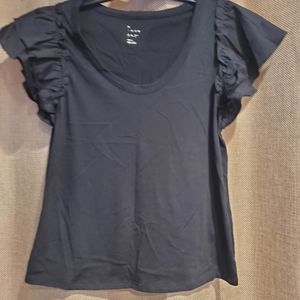 Black scoop neck shirt with ruffle sleeves